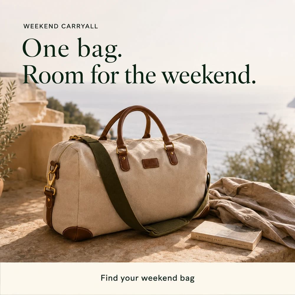 New Weekend Carryall ad image generated by Alfred: a close-up of a canvas travel bag on a coastal terrace. One bag. Room for the weekend. Find your weekend bag.
